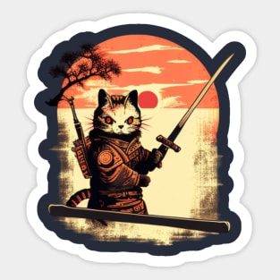 Ninja Cat Japanese Vintage Sunset Sword Sticker